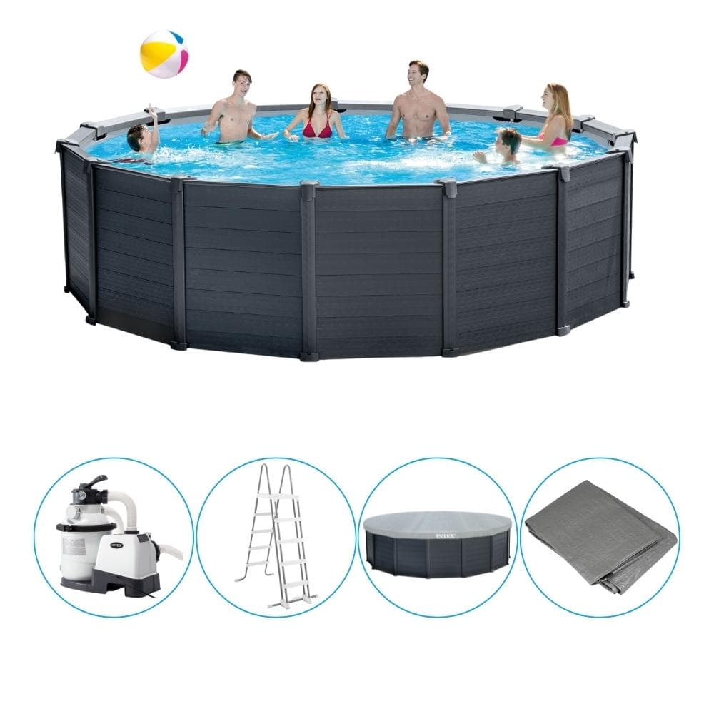 Intex - Grafitgrå Panel - Pool med filterpump - 478x124 cm - Rund - Pool ovan jord - Inklusive tillbehör