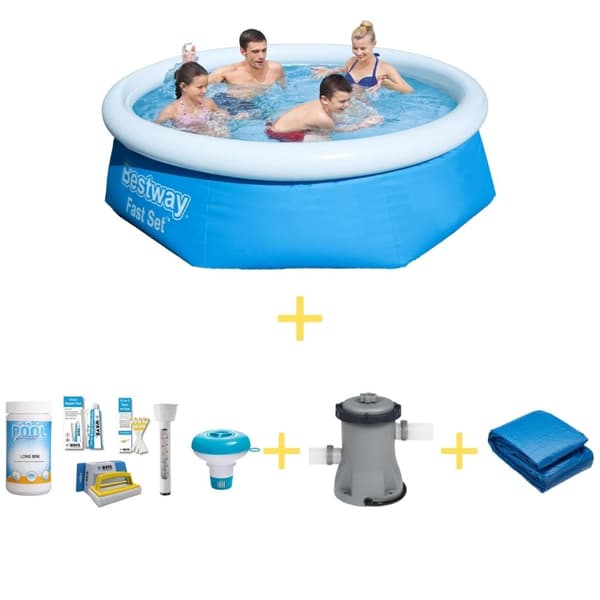 Bestway swimmingpool - Hurtigt sæt - 244 x 66 cm - Inklusiv WAYS vedligeholdelsespakke, filterpumpe og jordklud