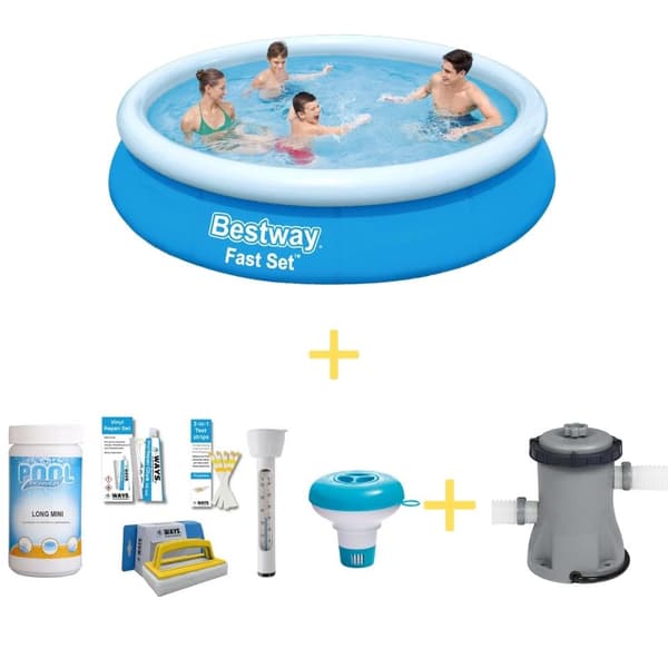 Bestway swimmingpool - Fast sæt - 366 x 76 cm - Inklusiv WAYS vedligeholdelsespakke & filterpumpe