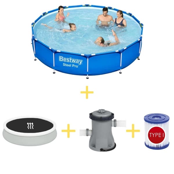 Bestway swimmingpool - Steel Pro - 366 x 76 cm - Inklusiv solsejl, filterpumpe og filter