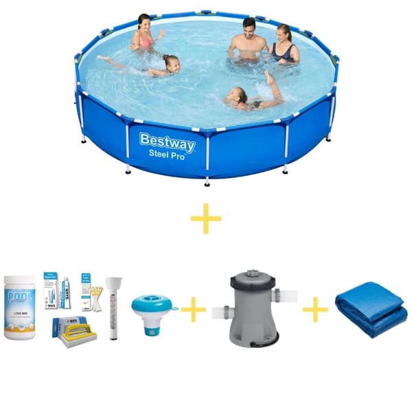 Bestway swimmingpool - Steel Pro - 366 x 76 cm - Inklusiv WAYS-vedligeholdelsespakke, filterpumpe og jordklud