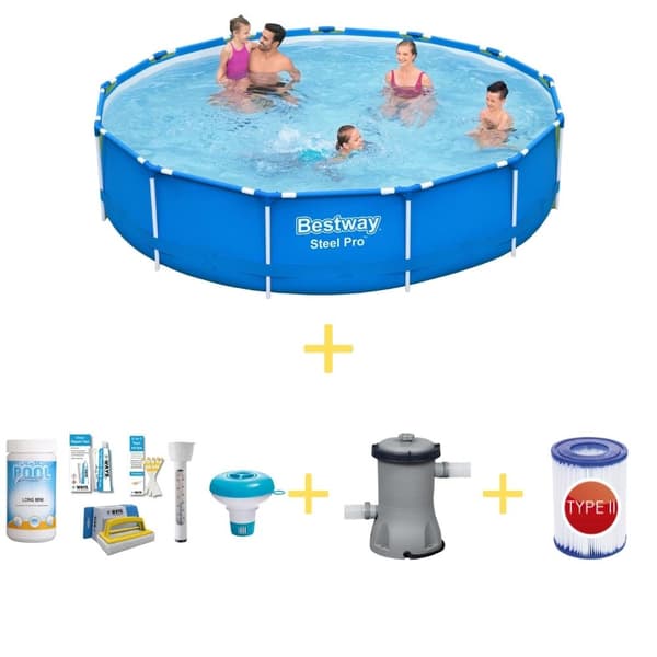 Bestway swimmingpool - Steel Pro - 396 x 84 cm - Inklusiv WAYS vedligeholdelsespakke, filterpumpe og filter