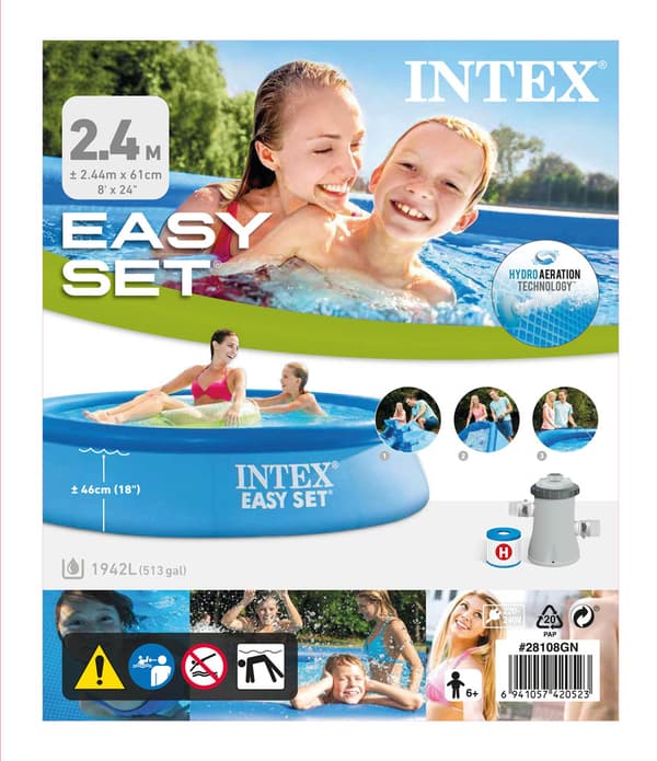 Intex svømmebassin - Nemt sæt - 244 x 61 cm - Inklusiv solsejl & filterpumpe