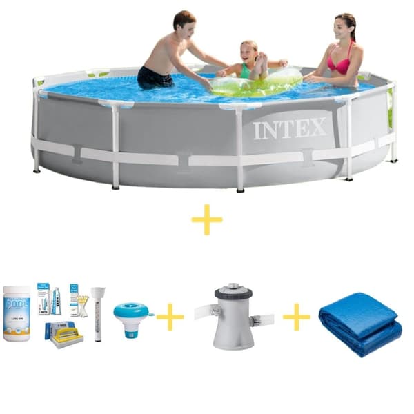 Intex swimmingpool - Prismeramme - 305 x 76 cm - Inklusiv WAYS vedligeholdelsespakke, filterpumpe og jordklud