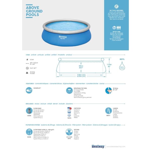 Bestway Swimming Pool Fast Sæt - 457x122 cm - Svømmebassin sæt