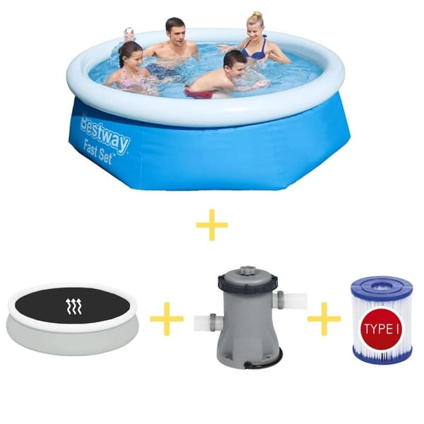 Bestway Swimming Pool - Fast Set - 244 x 66 cm - Inklusiv solsejl, filterpumpe og filter