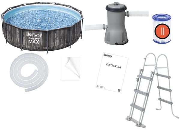 Bestway pool - med pump och pooltrappa - 366x100 cm - trä