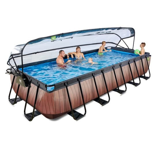 Exit Wood Pool 540X250X100Cm Med Sandfilterpump Och Tak - Brun