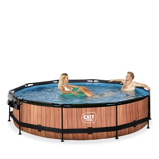 Exit Wood Pool Ø360X76Cm Med Filterpump Och Tak - Brun