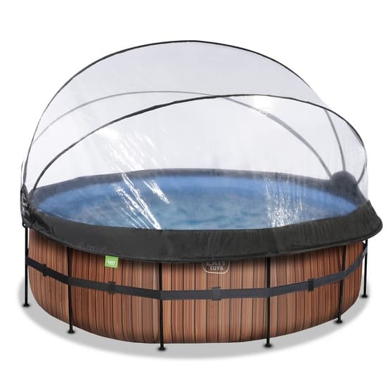 Exit Wood Pool Ø427X122Cm Med Sandfilterpump Och Tak Och Värmepump - Brun