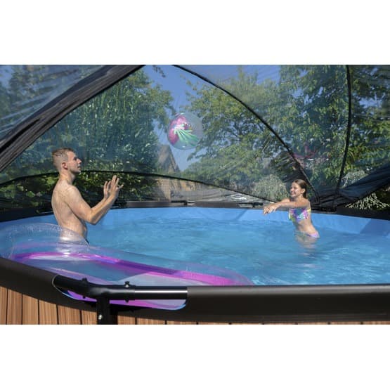 Exit Wood Pool Ø450X122Cm Med Sandfilterpump Och Tak - Brun