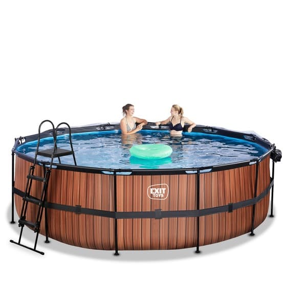 Exit Wood Pool Ø450X122Cm Med Sandfilterpump Och Tak - Brun