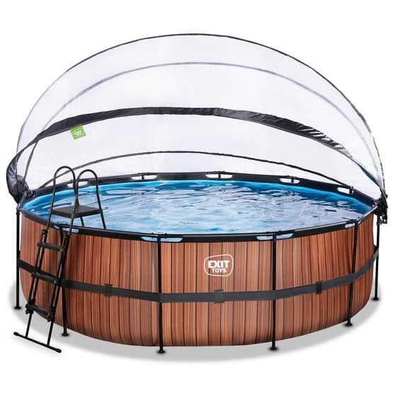 Exit Wood Pool Ø450X122Cm Med Sandfilterpump Och Tak Och Värmepump - Brun