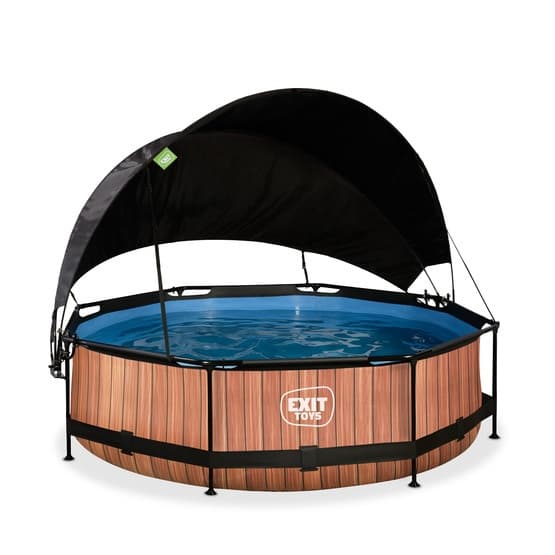 Exit Wood Pool Ø300X76Cm Med Filterpump Och Solsegel - Brun