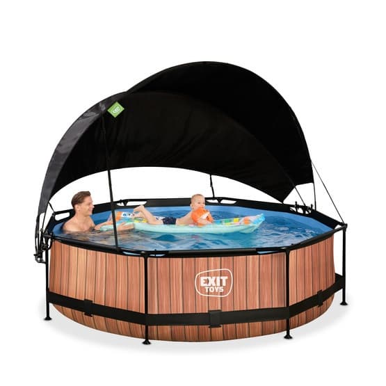Exit Wood Pool Ø300X76Cm Med Filterpump Och Solsegel - Brun