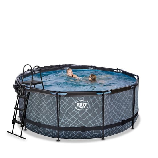 Exit Stone Pool Ø360X122Cm Med Sandfilterpump Och Tak Och Värmepump - Grå