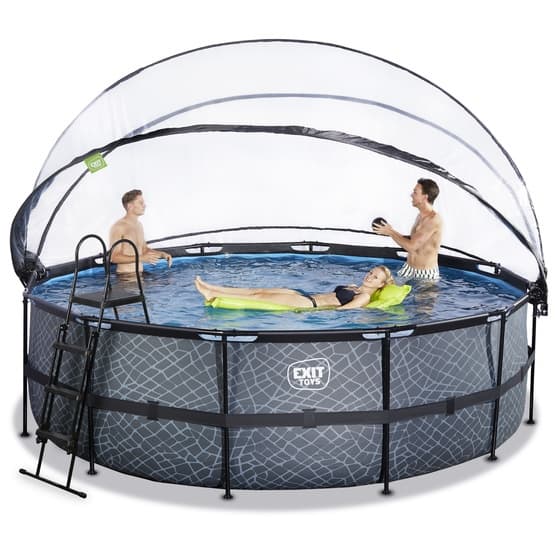 Exit Stone Pool Ø450X122Cm Med Sandfilterpump Och Tak Och Värmepump - Grå