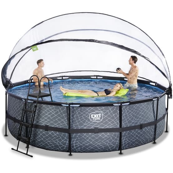 Exit Stone Pool Ø488X122Cm Med Sandfilterpump Och Tak Och Värmepump - Grå