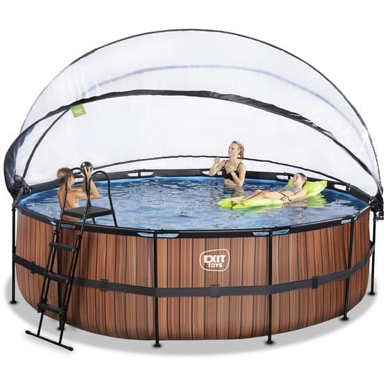 Exit Wood Pool Ø488X122Cm Med Sandfilterpump Och Tak - Brun
