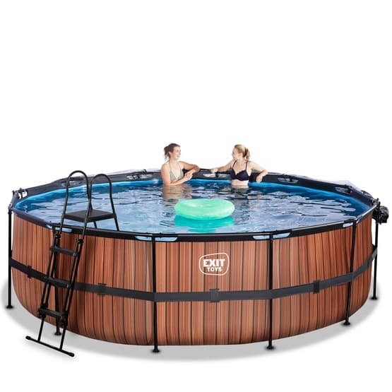 Exit Wood Pool Ø488X122Cm Med Sandfilterpump Och Tak - Brun
