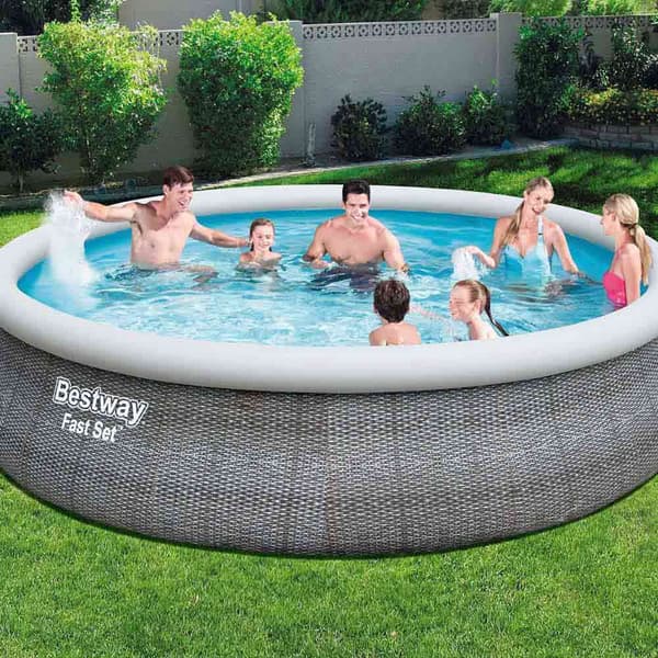 Bestway Rund Uppblåsbar Pool Fast Set Rattan 457x107 Cm Grå 12362 Liters