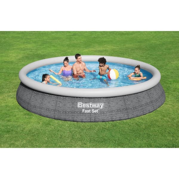 Bestway Uppblåsbar pool för vuxna Rattanring med renare 475x84 cm Trädgård 57313