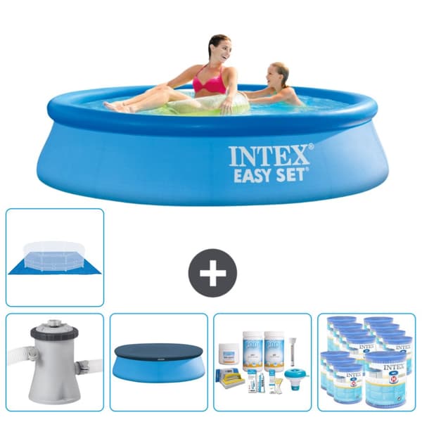 Intex rund oppustelig let sæt swimmingpool - 244 x 61 cm - Blå -  Inklusive Tilbehør CB15