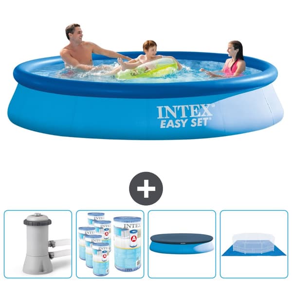 Intex rund oppustelig let sæt swimmingpool - 366 x 76 cm - Blå -  Inklusive Tilbehør CB88