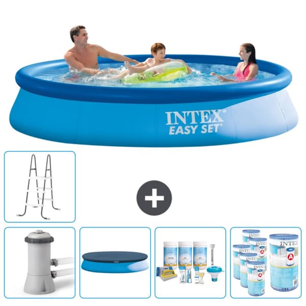 Intex rund oppustelig let sæt swimmingpool - 366 x 76 cm - Blå -  Inklusive Tilbehør CB20