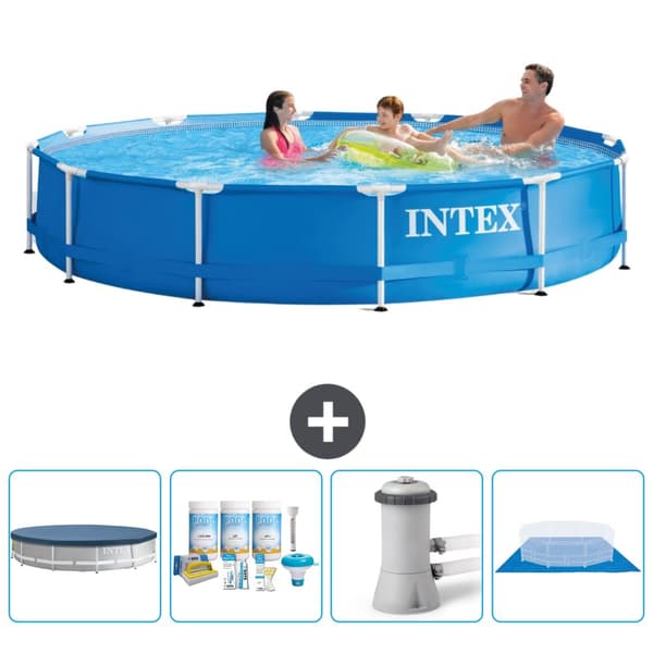 Intex Round Frame Swimming Pool - 366 x 76 cm - Blå - Inkluderet tilbehør CB1