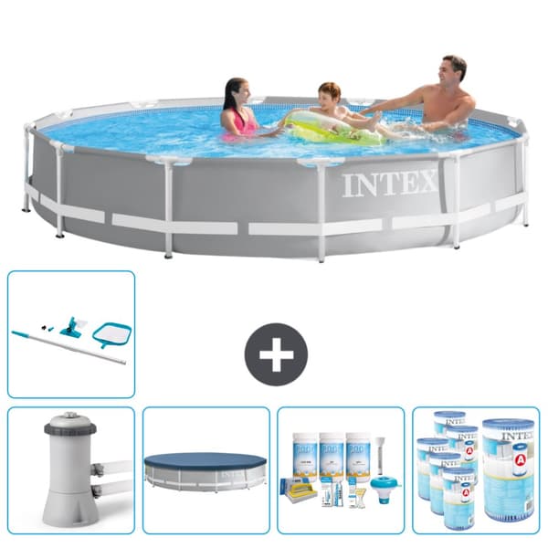 Intex svømmebassin med rund prismeramme - 366 x 76 cm - Grå - Inklusive Tilbehør CB21