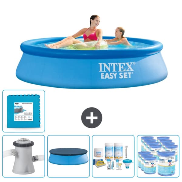 Intex rund oppustelig let sæt swimmingpool - 244 x 61 cm - Blå -  Inklusive Tilbehør CB16