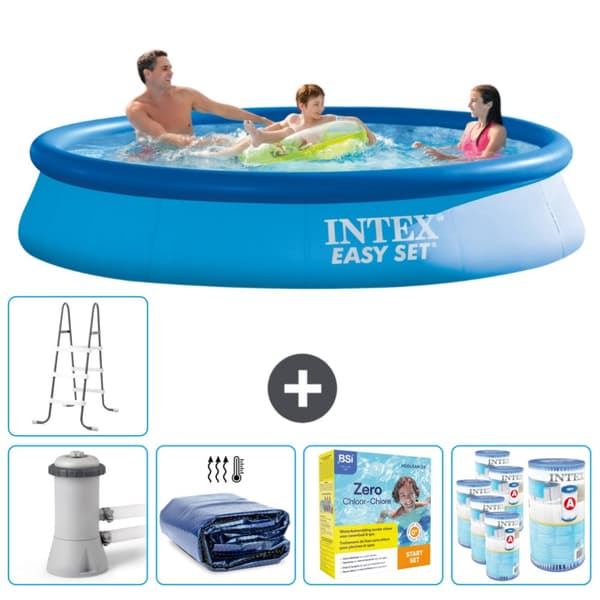 Intex Rund Uppblåsbar Easy Set Pool - 366 x 76 cm - Blå -  Inklusive Tillbehör - CB27