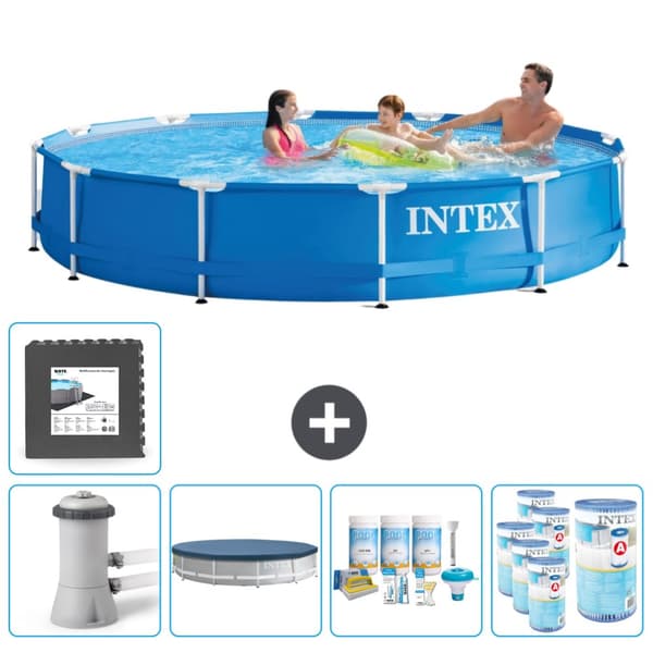 Intex Round Frame Swimming Pool - 366 x 76 cm - Blå - Inklusive Tilbehør CB17