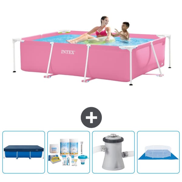 Intex svømmebassin med rektangulær ramme - 220 x 150 x 60 cm - Pink - inkluderet tilbehør CB1