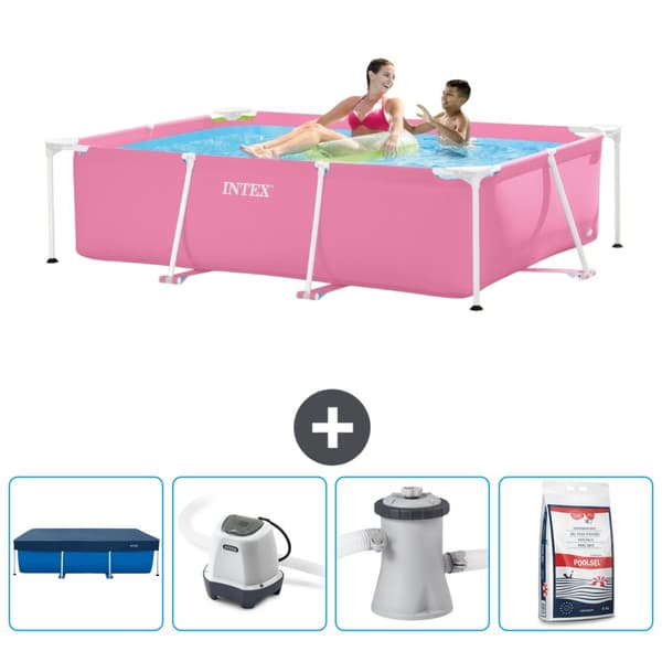 Intex svømmebassin med rektangulær ramme - 220 x 150 x 60 cm - Pink - inkluderet tilbehør CB53