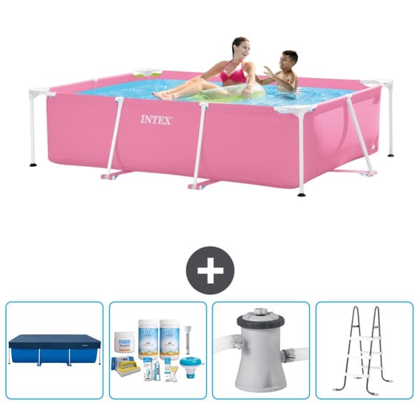 Intex svømmebassin med rektangulær ramme - 220 x 150 x 60 cm - Pink - inkluderet tilbehør CB6
