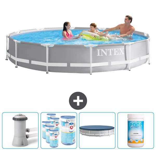 Intex svømmebassin med rund prismeramme - 366 x 76 cm - Grå - Inklusive Tilbehør CB87