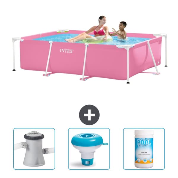 Intex svømmebassin med rektangulær ramme - 220 x 150 x 60 cm - Pink - inkluderet tilbehør CB77