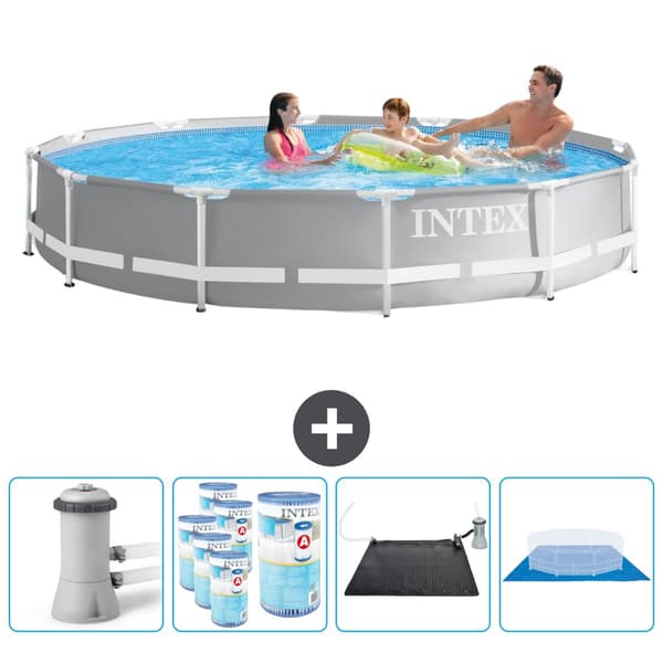 Intex svømmebassin med rund prismeramme - 366 x 76 cm - Grå - Inklusive Tilbehør CB91