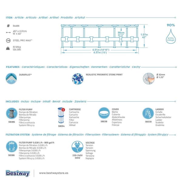 Bestway Rund Rørformet Pool 56488 Steel Pro Max Ø457x107cm 14970 Liters