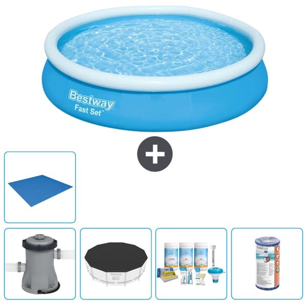Bestway Round Oppustelig Fast Set Swimming Pool - 366 x 76 cm - Blå -  Inklusive Tilbehør CB11