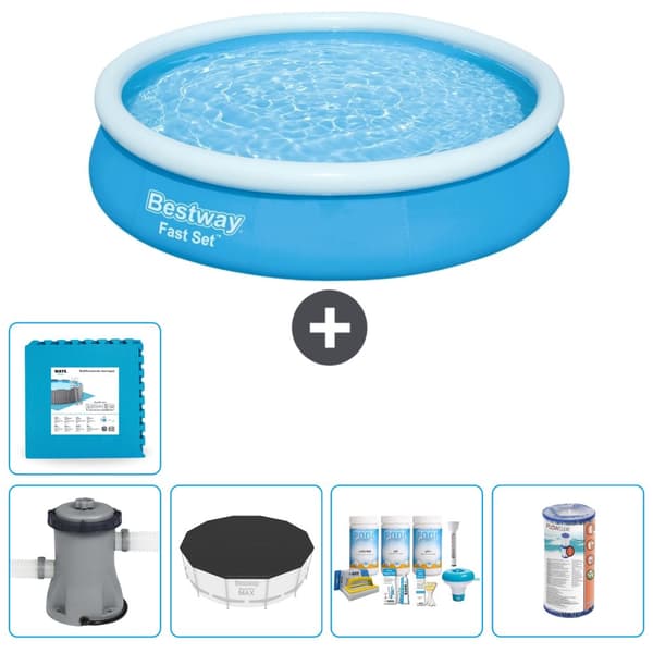 Bestway Round Oppustelig Fast Set Swimming Pool - 366 x 76 cm - Blå -  Inklusive Tilbehør CB12