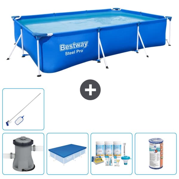 Bestway Rectangular Steel Pro Swimming Pool - 300 x 201 x 66 cm - Blå -  Inklusive Tilbehør CB15