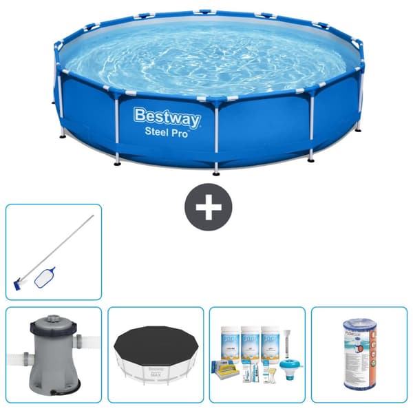 Bestway Round Steel Pro Swimming Pool - 366 x 76 cm - Blå -  Inklusive Tilbehør CB15