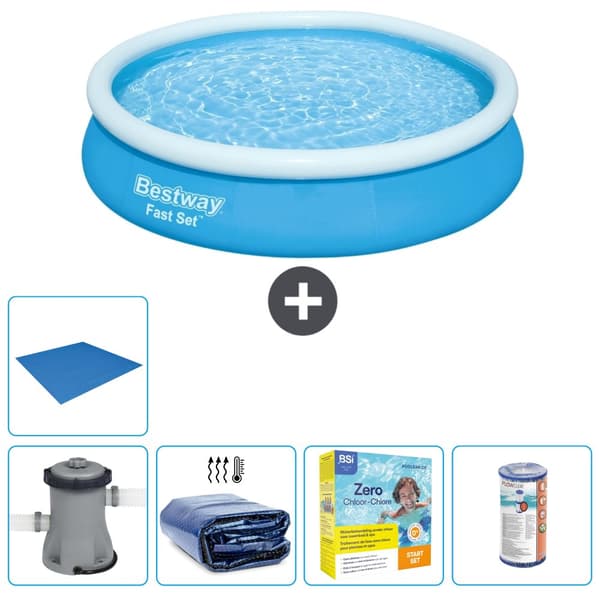 Bestway Round Oppustelig Fast Set Swimming Pool - 366 x 76 cm - Blå -  Inklusive Tilbehør CB16