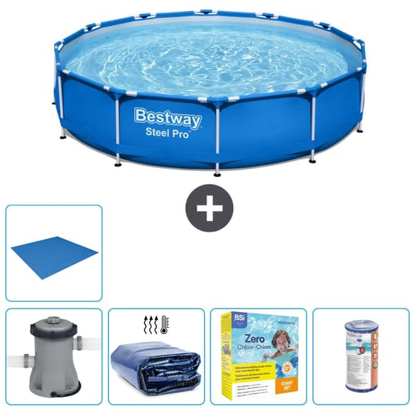 Bestway Round Steel Pro Swimming Pool - 366 x 76 cm - Blå -  Inklusive Tillbehör - CB16