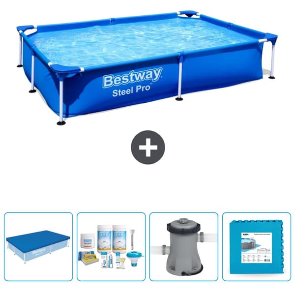 Bestway Rectangular Steel Pro Swimming Pool - 221 x 150 x 43 cm - Blå - Inkluderet tilbehør CB2