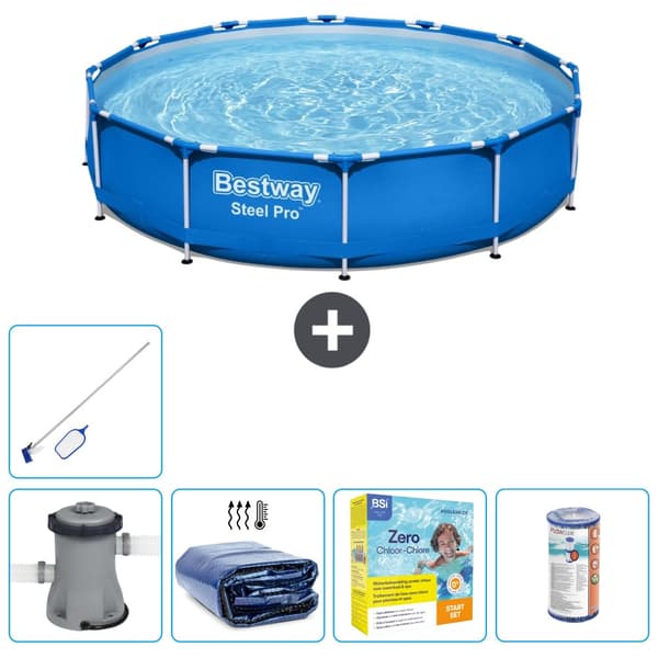 Bestway Round Steel Pro Swimming Pool - 366 x 76 cm - Blå -  Inklusive Tilbehør CB20