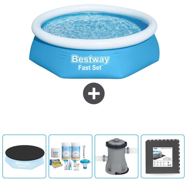 Bestway Round Oppustelig Fast Set Swimming Pool - 244 x 61 cm - Blå - Inkluderet tilbehør CB3